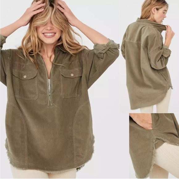 Aerie Offline Corduroy Oversized Quarter Zip Pullover Shacket In Green - Picture 1 of 13